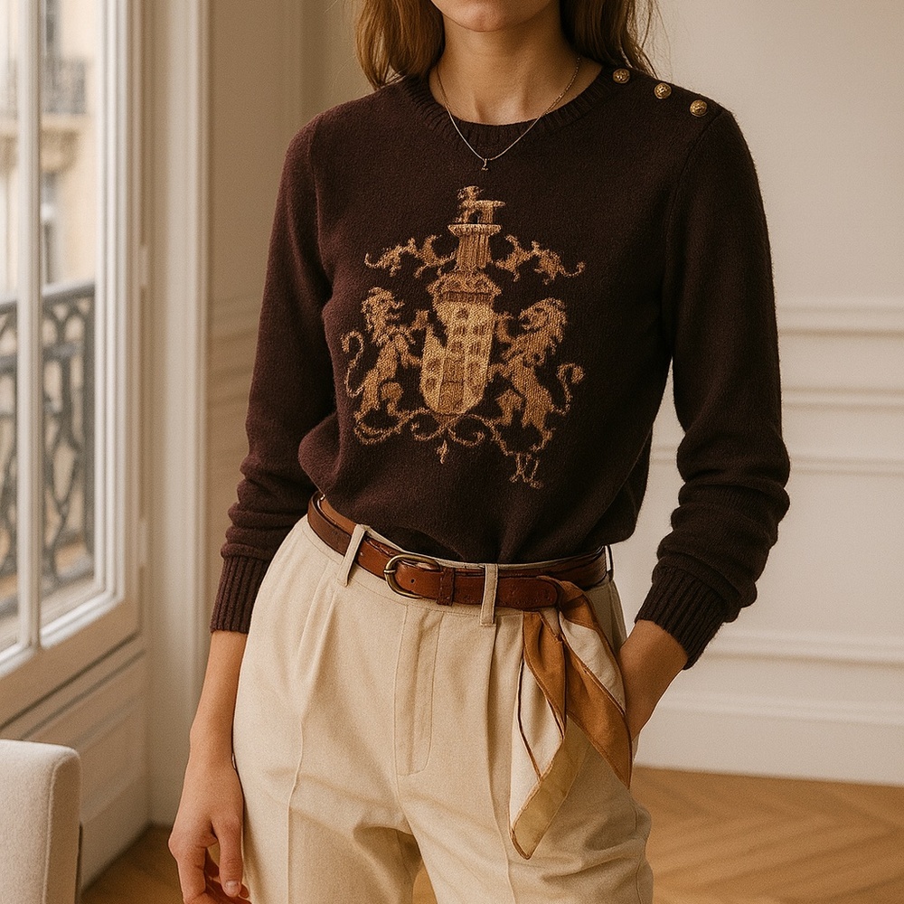 Lauren Ralph Lauren Chocolate Brown Crewneck Sweater with Gold Crest